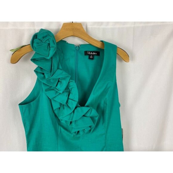 S.L. Fashion Jade Taffetta Formal Cocktail Shift Dress Flower Accent New Sz.10 - Picture 3 of 13